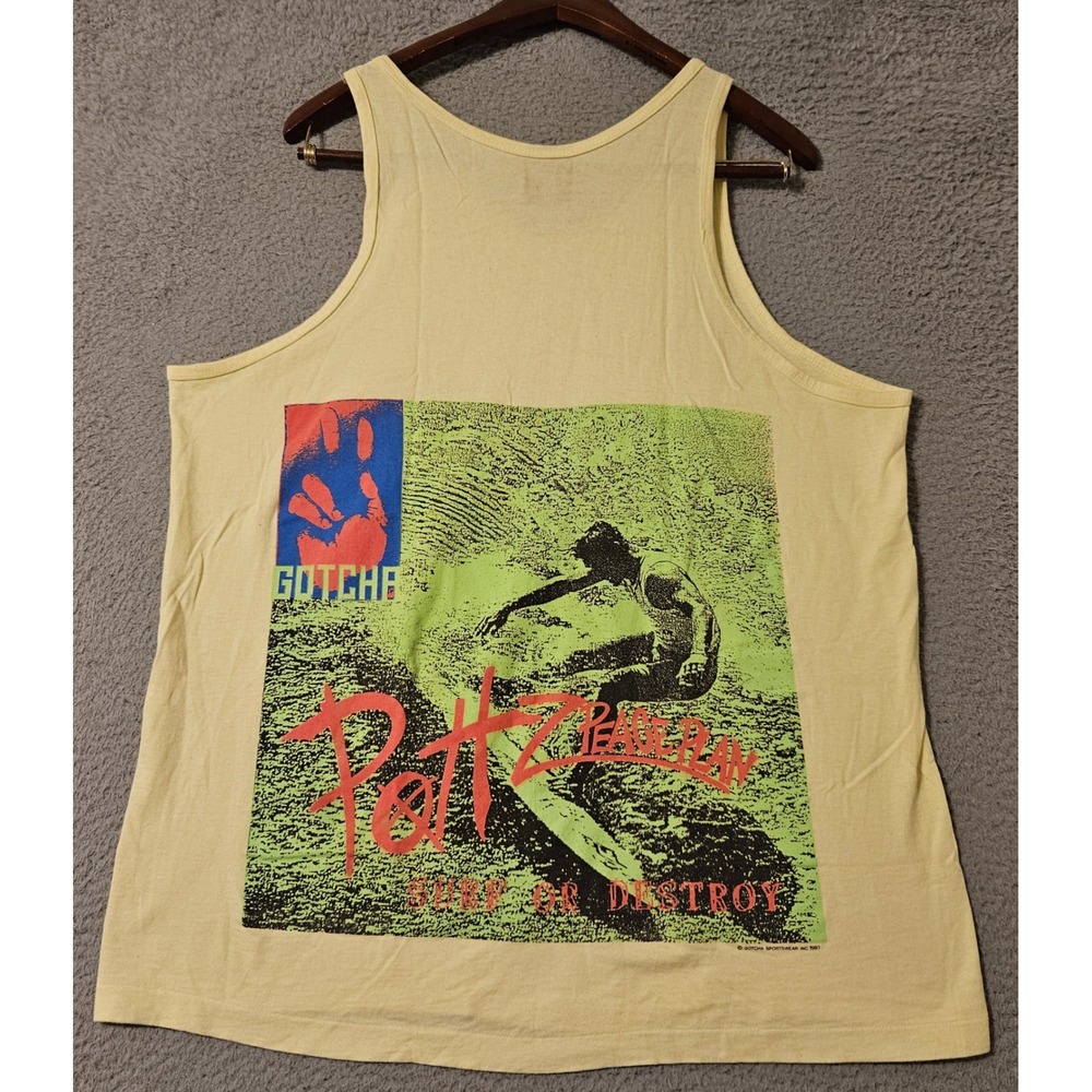 Vintage 1987 Gotcha Pottz Peace Plan Surf or Destroy Tank Top Mens L Yellow USA